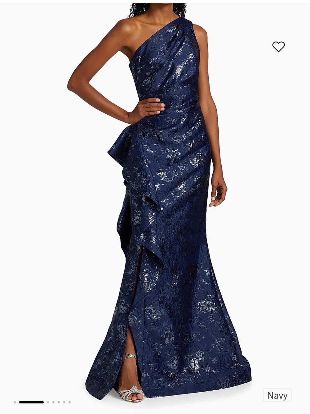 Rickie Freeman for Teri Jon Navy One-Shoulder Ruffle Evening Gown